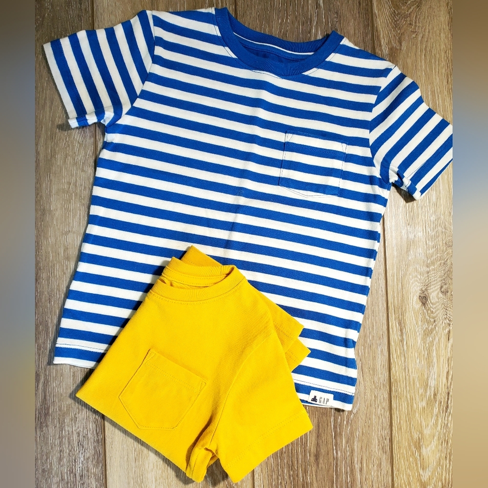 GAP Toddler Boy Blue and White Striped & Gold Short Sleeve Tee Set Size 2T